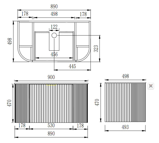Timber Fluted Curved Walnut Artis 900mm Waterproof Wall Hung Vanity Carrara White Stone top