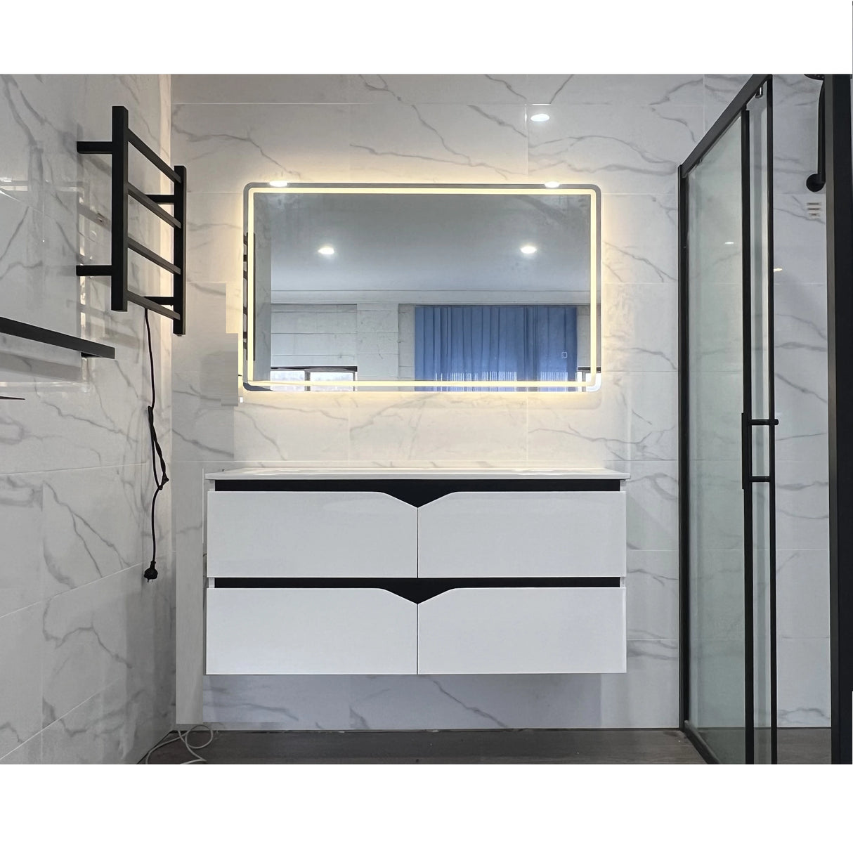 WQD Matte Black & Gloss White 1500mm Double Bowl Wall Hung All Drawer Vanity