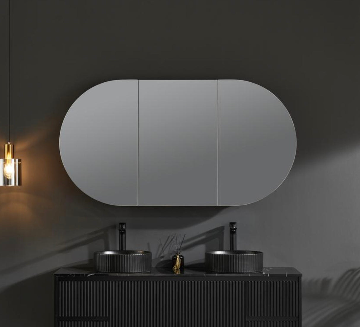 Olivia Pill Oval PVC Mirror Shaving Cabinet Matte Black 1500x800mm