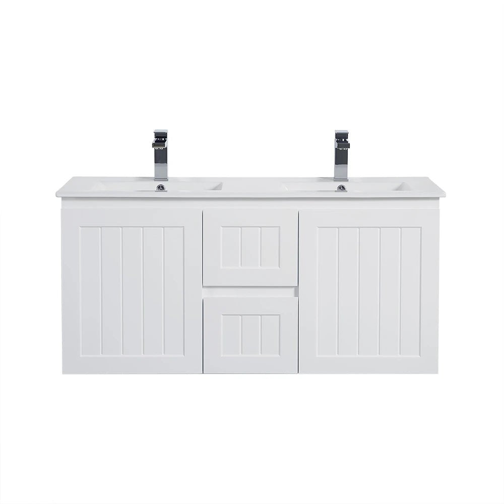 Acacia Hampton Shaker 1200mm Double Bowl Matte White PVC Waterproof Wall Hung Vanity - RJ Bathroom