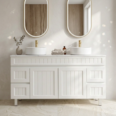 Acacia Hampton Shaker 1500mm Double Matte White PVC Waterproof Vanity Carrara Stone Top - RJ Bathroom