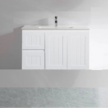 Acacia Hampton Shaker 900x360mm Matte White Waterproof Ensuite Slim Narrow Compact Wall Hung Vanity Carrara Stone Top - RJ Bathroom