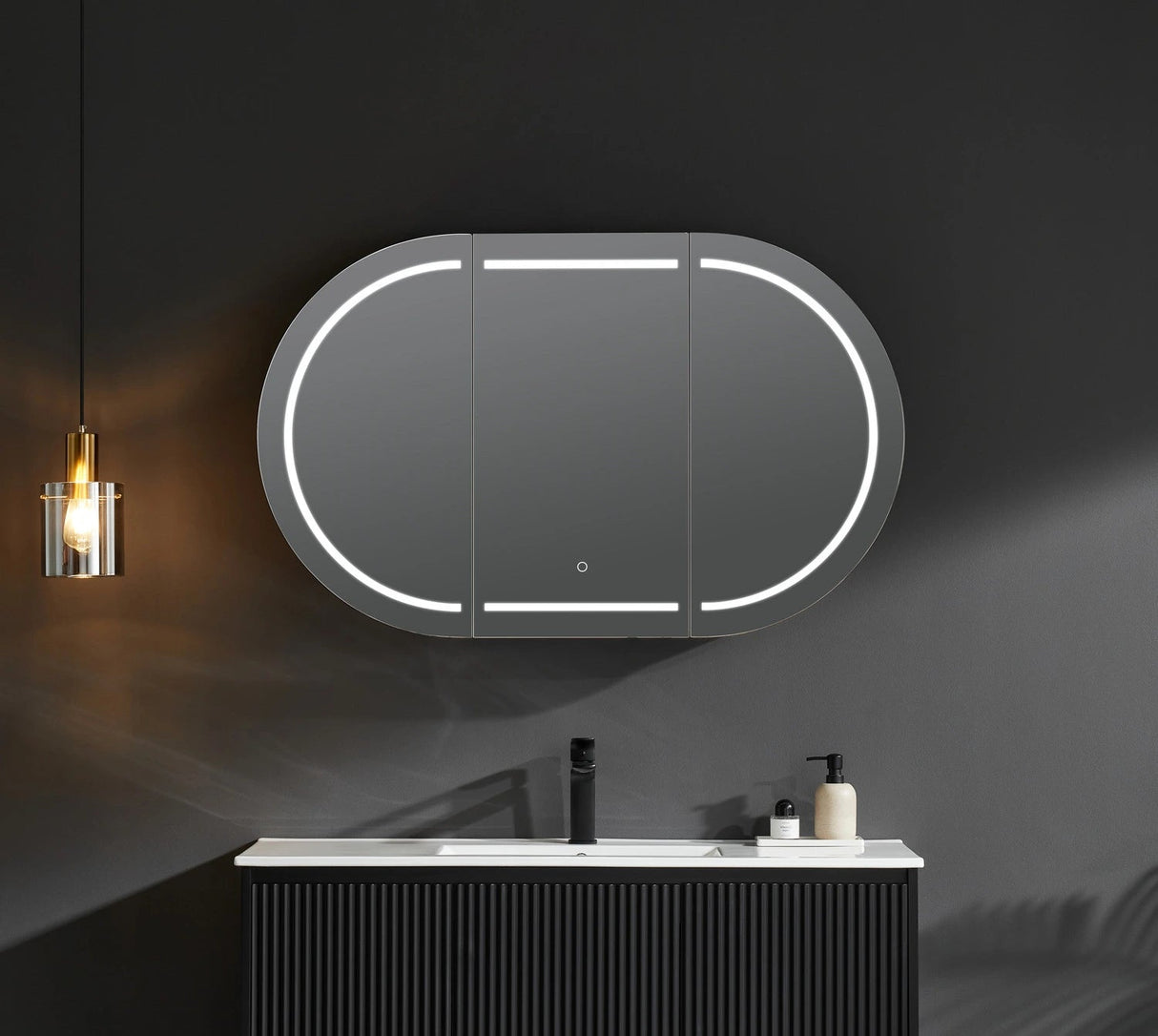 Allison Pill Oval LED Light Shaving Cabinet Matte Black 1500*800*155mm - RJ Bathroom