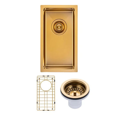 Aquaperla 250x450mm Brushed Brass Single Bowl Kitchen Sink - PVD Stainless Steel, Bottom Grid, Top or Undermount