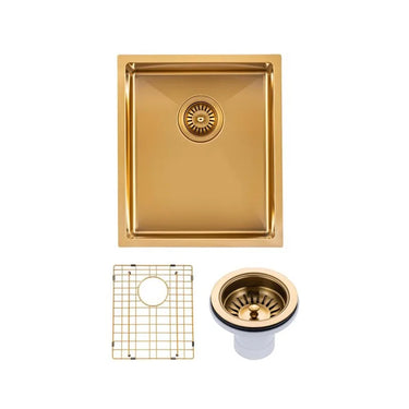 Aquaperla 390x450mm Brushed Brass Single Bowl Kitchen Sink - PVD Stainless Steel, Bottom Grid, Top or Undermount