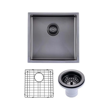 Aquaperla 440x440mm Gunmetal Single Bowl Kitchen Sink - PVD Stainless Steel, Bottom Grid, Top or Undermount