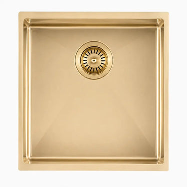 Aquaperla 440x440mm Light Brushed Brass Single Bowl Kitchen Sink - PVD Stainless Steel, Bottom Grid, Top or Undermount