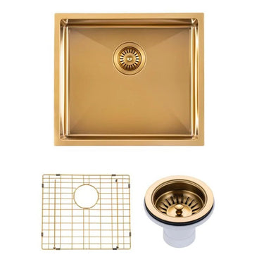 Aquaperla 500x440mm Brushed Brass Single Bowl Kitchen Sink - PVD Stainless Steel, Bottom Grid, Top or Undermount