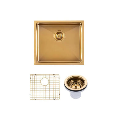 Aquaperla 510x450mm Brushed Brass Single Bowl Kitchen Sink - PVD Stainless Steel, Bottom Grid, Top or Undermount