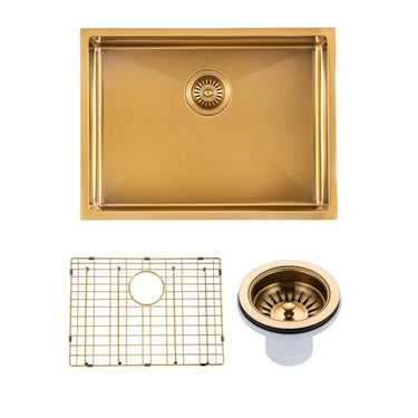 Aquaperla 600x450mm Brushed Brass Single Bowl Kitchen Sink - PVD Stainless Steel, Bottom Grid, Top or Undermount