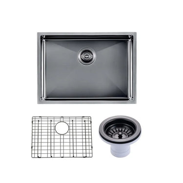 Aquaperla 600x450mm Gunmetal Single Bowl Kitchen Sink - PVD Stainless Steel, Bottom Grid, Top or Undermount