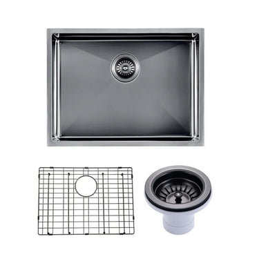 Aquaperla 600x450x300mm Deep Gunmetal Single Bowl Kitchen Sink - PVD Stainless Steel, Bottom Grid, Top or Undermount