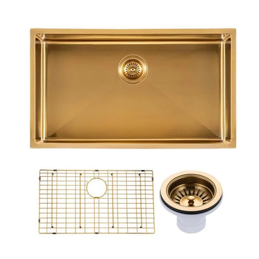 Aquaperla 762x457mm Brushed Brass Single Bowl Kitchen Sink - PVD Stainless Steel, Bottom Grid, Top or Undermount