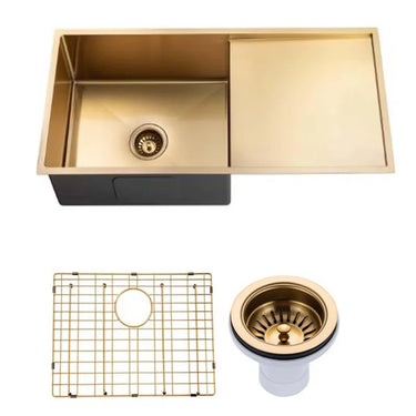 Aquaperla 960x450mm Brushed Brass Single Bowl Kitchen Sink with Drainer - PVD Stainless Steel, Bottom Grid, Top or Undermount