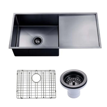 Aquaperla 960x450mm Gunmetal Single Bowl Kitchen Sink with Drainer - PVD Stainless Steel, Bottom Grid, Top or Undermount