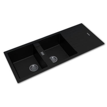 Aquaperla Arete 1160x500mm Matte Black Double Bowl Granite Sink with Drainer