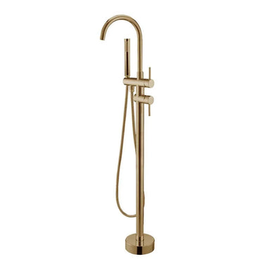 Aquaperla Brushed Brass Freestanding Bath Mixer with Hand Shower - Round Gooseneck, Floor Mounted