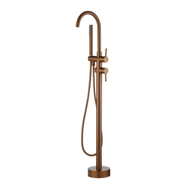 Aquaperla Brushed Copper Freestanding Bath Mixer with Hand Shower - Round Gooseneck, Floor Mounted