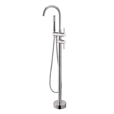 Aquaperla Brushed Nickel Freestanding Bath Mixer with Hand Shower - Round Gooseneck, Floor Mounted