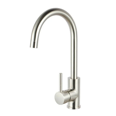 Aquaperla Brushed Nickel Gooseneck Kitchen Mixer Tap - Round Pin Lever