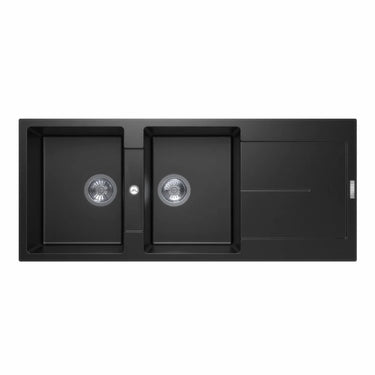 Aquaperla Carysil 1160x500mm Matte Black Double Bowl Granite Sink with Drainer & Tap Holes
