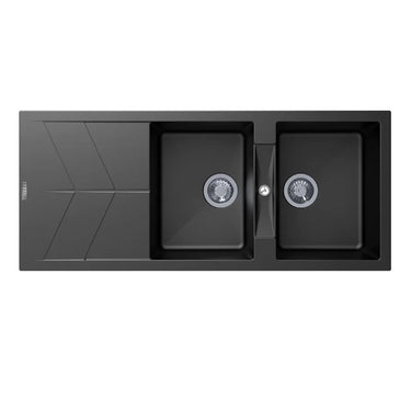 Aquaperla Carysil 1160x500mm Matte Black Double Bowl Granite Sink with Drainer