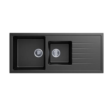 Aquaperla Carysil 1160x500mm Matte Black 1 & 1/2 Bowl Granite Sink with Drainer