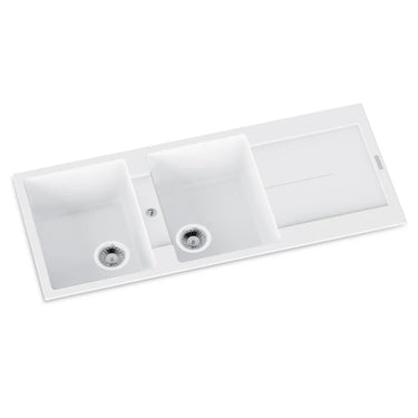 Aquaperla Carysil 1160x500mm Matte White Double Bowl Granite Sink with Drainer & Tap Holes