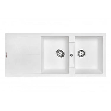 Aquaperla Carysil 1160x500mm Matte White Double Bowl Granite Sink with Drainer