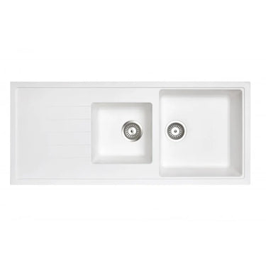 Aquaperla Carysil 1160x500mm Matte White 1 & 1/2 Bowl Granite Sink with Drainer