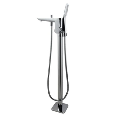 Aquaperla Chrome Freestanding Bath Mixer with Hand Shower - Flat Spout, Floor Mounted