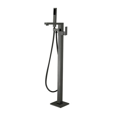 Aquaperla Gunmetal Freestanding Bath Mixer with Hand Shower - Square Spout, Floor Mounted