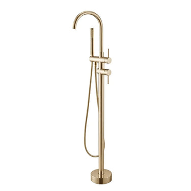 Aquaperla Light Brushed Brass Freestanding Bath Mixer with Hand Shower - Round Gooseneck, Floor Mounted