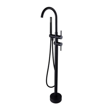 Aquaperla Matte Black Freestanding Bath Mixer with Hand Shower - Round Gooseneck, Floor Mounted