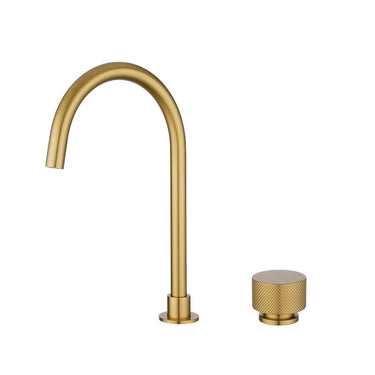 Aquaperla Moon Brushed Brass gooseneck basin mixer with separate round handle for above-counter basins