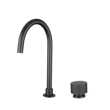 Aquaperla Moon Brushed Gunmetal gooseneck basin mixer with separate round handle for above-counter basins