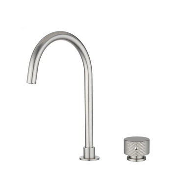 Aquaperla Moon Brushed Nickel gooseneck basin mixer with separate round handle for above-counter basins