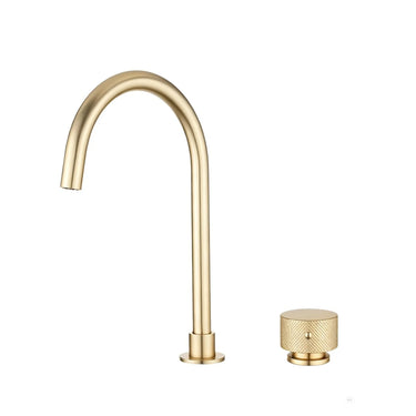 Aquaperla Moon Light Brushed Brass gooseneck basin mixer with separate round handle for above-counter basins