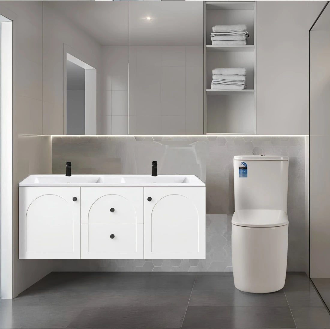 Chester Archie Hampton 1200mm Double Bowl Matte White PVC Waterproof Wall Hung Vanity Black Handles