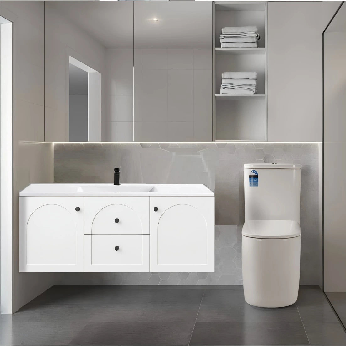 Chester Archie Hampton 1200mm Matte White PVC Waterproof Wall Hung Bathroom Vanity Brushed Gold Handles