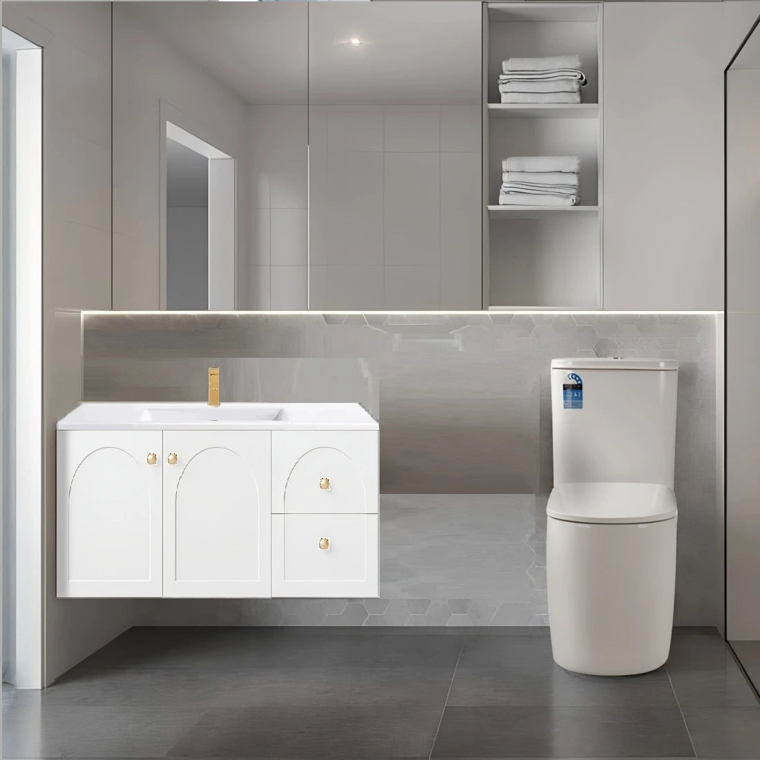 Chester Archie Hampton 900mm Matte White PVC Waterproof Wall Hung Bathroom Vanity Brushed Nickel Handles