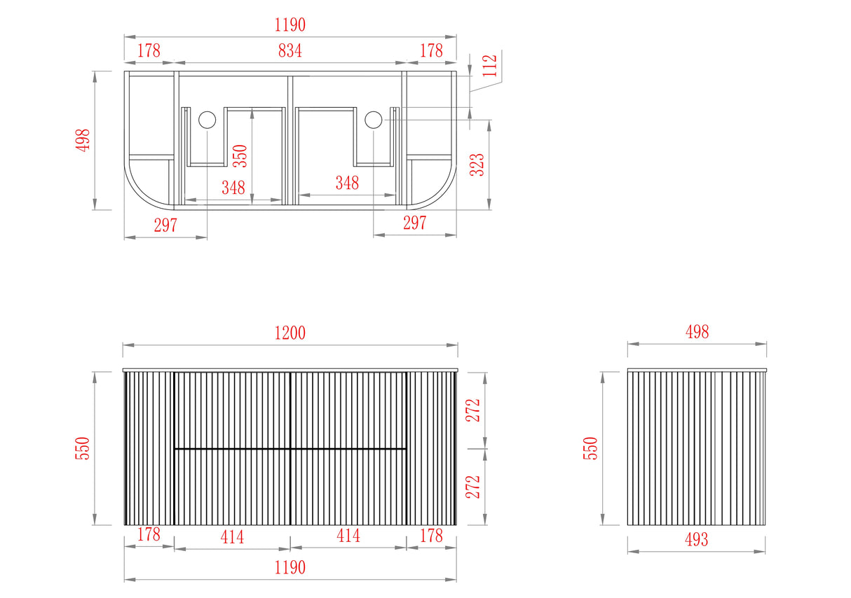 Timber Prime Oak Artis 1200mm Fluted Curved Waterproof Double Bowl Wall Hung Vanity Imperial Statuario Stone top
