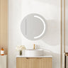 Athena round LED shaving cabinet 600mm in matte white with the front LED light on, mounted above a bathroom vanity