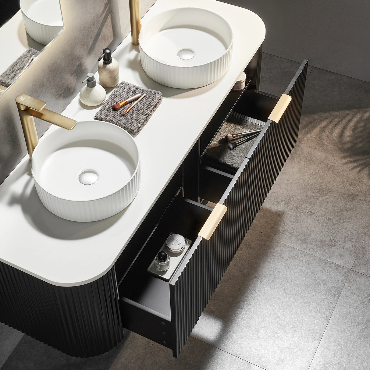 Avalon 1500mm Fluted Curved Wall Hung Matte Black Vanity Bianco Twirl Stone top - RJ Bathroom