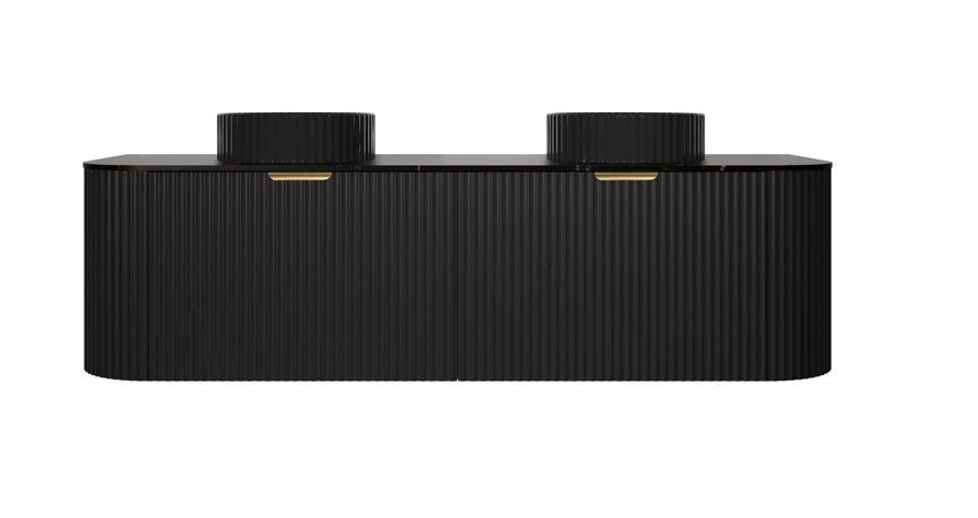 Avalon 1500mm Fluted Curved Wall Hung Matte Black Vanity Bianco Twirl Stone top - RJ Bathroom