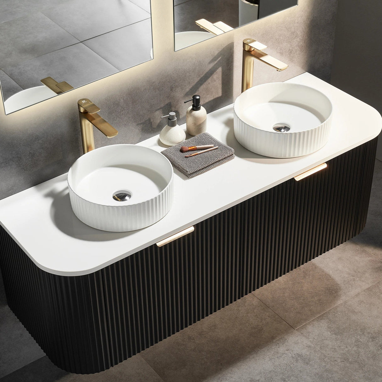 Avalon 1500mm Fluted Curved Wall Hung Matte Black Vanity Bianco Twirl Stone top - RJ Bathroom