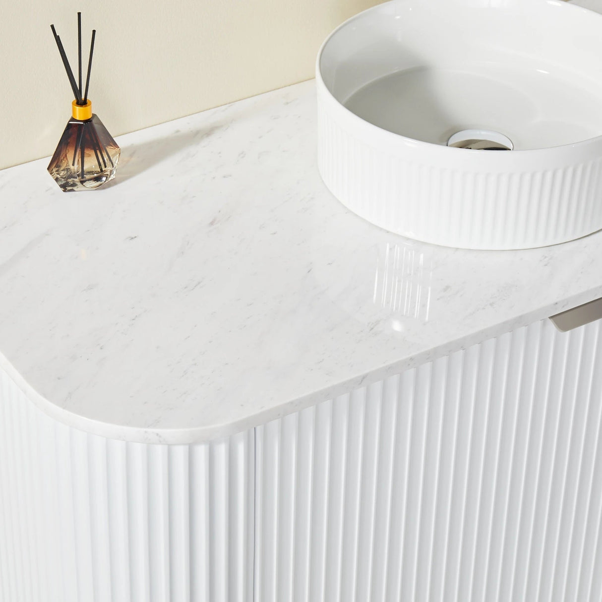 Avalon 1800mm Fluted Curved Wall Hung Matte Black Vanity Nero Maquina Stone top - RJ Bathroom