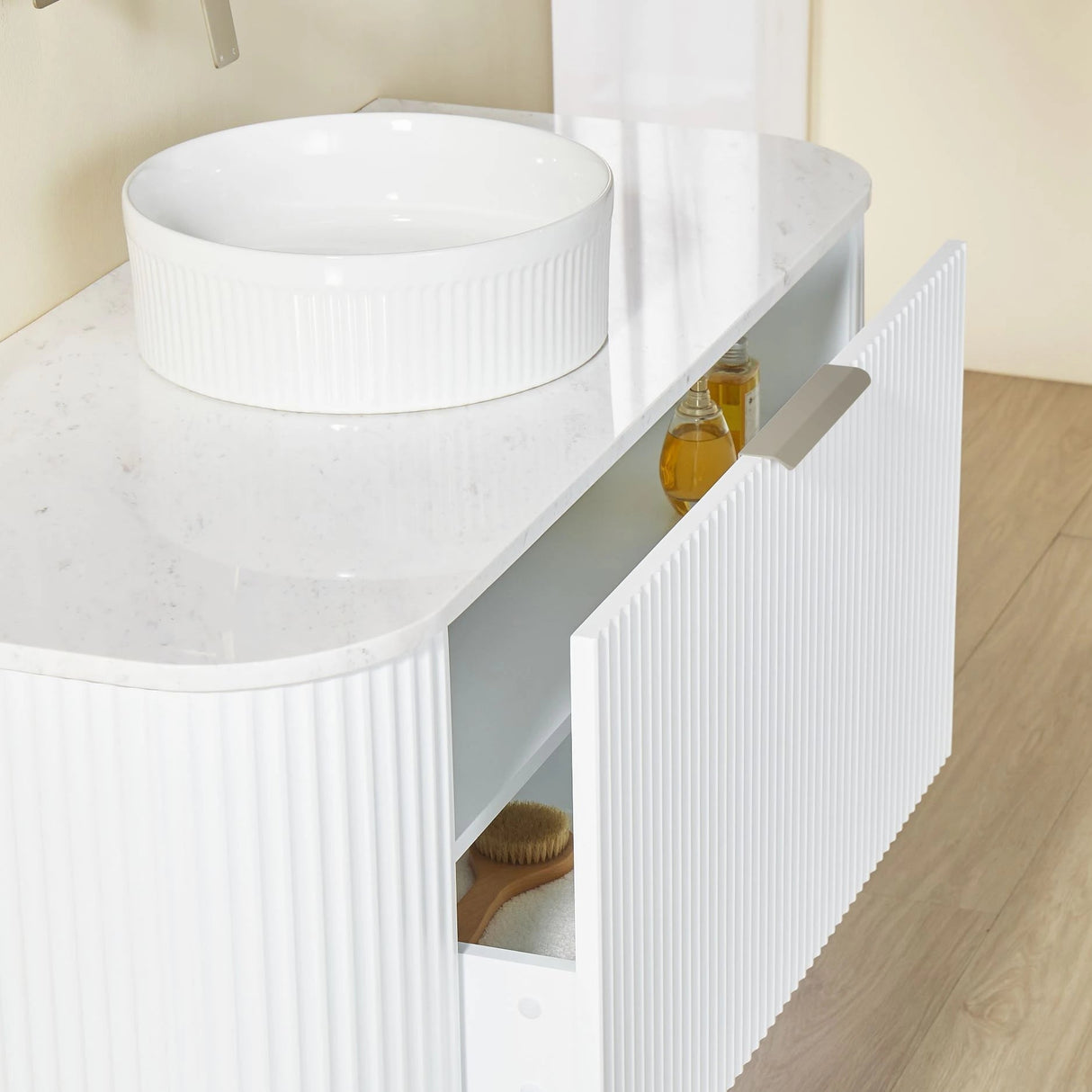 Avalon 1800mm Fluted Curved Wall Hung Matte Black Vanity Nero Maquina Stone top - RJ Bathroom