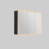 Avola 1200mm LED shaving cabinet in matte black with 3 mirrored doors, angled view on a grey background