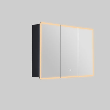 Avola 1200mm LED shaving cabinet in matte black with 3 mirrored doors, angled view on a grey background